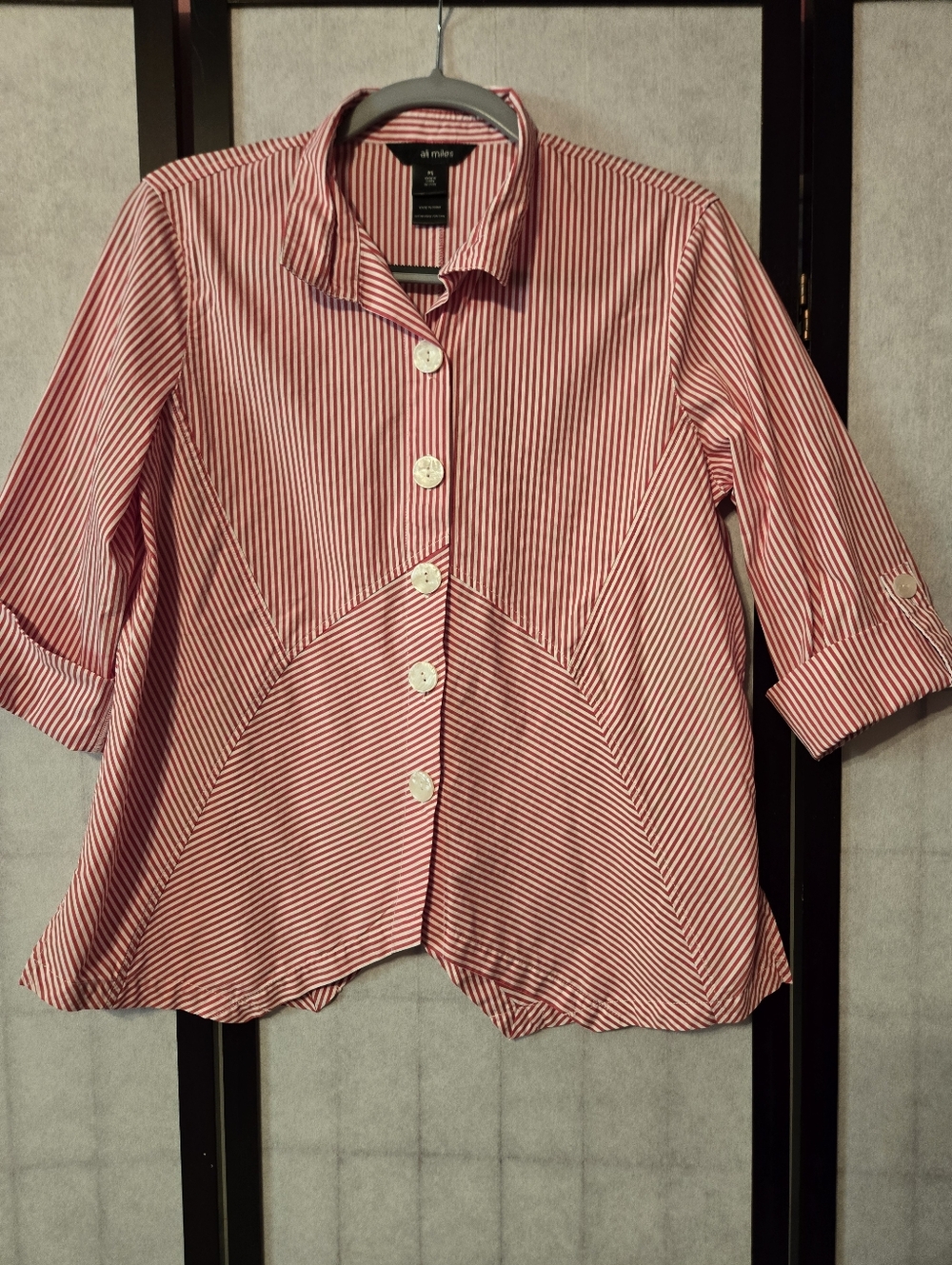 Ali Miles Red & White Striped Button Front Blouse Petite Small